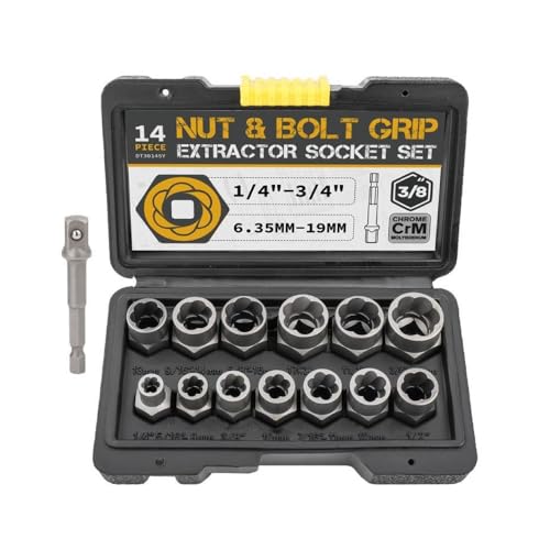 14Pcs Impact Bolt & Nut Remover Set Stripped Lug Nut Remover with Hex Adapter Extraction Socket Set for Removing Bolts and Nuts with Solid Storage Case