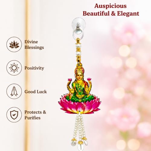 Image of Religious Door Hanging Decor with Pearl Beads & Tassel, Wooden Wall Hanging for Home Temple, Pooja Room, Entrance, Mandir Decoration & Spiritual Gift, Goddess Lakshmi with Lotus