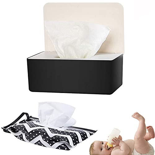 Baby Wipes Dispenser, Reusable Baby Wipe Holder Box with 1 Pcs Reusable Wipes Pouch, Refillable Baby Wipes Container, Wet Wipes Case Easy Open Keeps Wipes Clean, Wet
