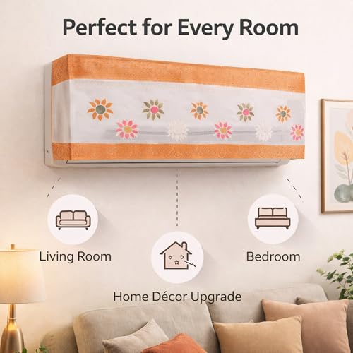 Image of Cotton Net Split AC Cover Indoor Unit for 2 Ton Capacity AC, Premium Work Indoor AC Dust Protection Cover Designer Summer Ac Cover for 2 Ton Ac (38 X 15.35 X 7.8 inch, Orange Flower)