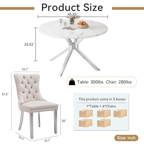 Image of 7-Piece Round Dining Table Set for 6, Modern Faux Marble Kitchen Table and Beige Velvet Chairs Set of 6, Luxury 45 inch Circle White Silver Dining Room Tables with Stainless Steel Cross Legs