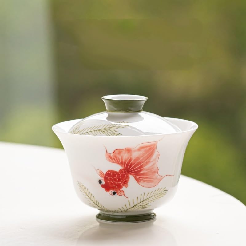 Matcha Tassen Deckende Teetasse mit handbemaltem Koi-Motiv 120ml Teeset für Wohnzimmer, Teeschale Teeset Mit Teesieb
