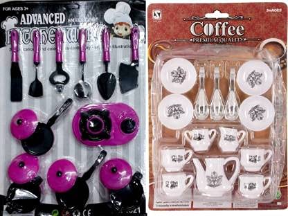 Aspirez Beautiful Indian Kitchen Set Pretend Toy for Girls and Boys (Multicolor 24 Pcs Pack with Stove and Tea Coffee Set (Premium Combo Pack of 2 )