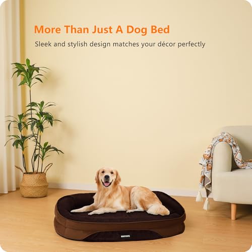 HMTOPE Orthopädisches Hundebett, Hundesofa, Vierseitiges Nackenrolle Kissen, rutschfeste Unterseite Hundekorb, Abnehmbar und Waschbar, Mittelgroße Hunde, Grosse Hunde, 106 x 79 x 17 cm, Braun