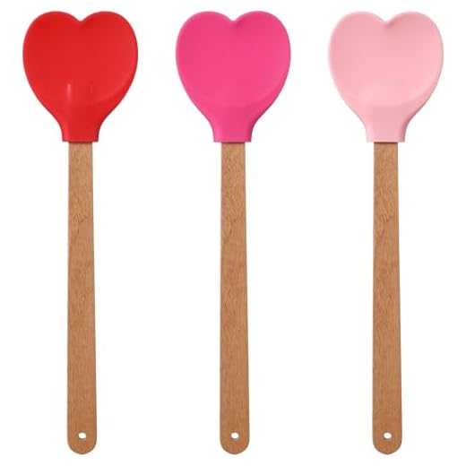 Chengu 3 Pcs Heart Shaped Silicone Spoon with Wooden Handle Valentine Day Kitchen Utensil Gift Set Red Pink Hot Heart Spatula Non-stick Cooking Tools for Mixing Stirring and Baking