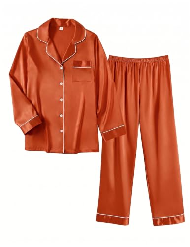 Image of Ekouaer Women Satin Pajamas Set Classic Button Down Long Pjs Set