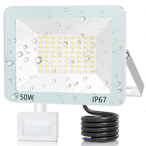 ANNIFUNLY Faretto LED da Esterno con Sensore di Movimento, 50W 5000LM Faro LED Esterno con Sensore Bianco Freddo, IP67 Impermeabile Faretti LED Luce per Garage Cortile Giardino
