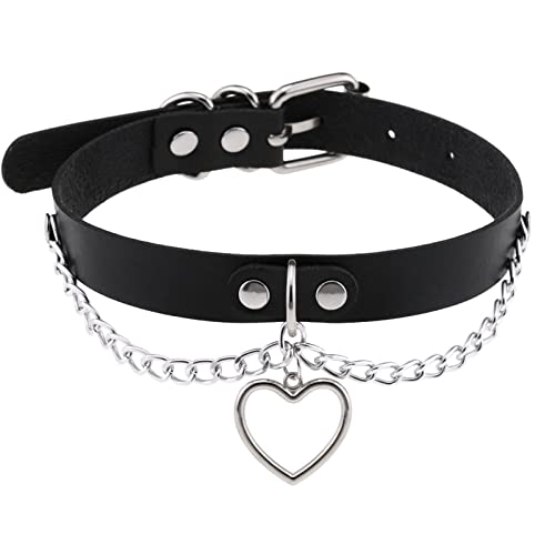 eYLun Women Leather Heart Chain Necklace - Punk Goth Choker Collar