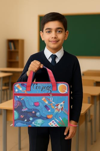 Image of Echo Boomers A4 Kids Drawing Bag | Art & Stationery Organizer with Zipper Pocket (Creativity Takes Courage) Space Print Design