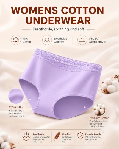 Image of UNDER THE SEA Cotton Underwear for Women High Waisted Lace Briefs Soft Breathable Womens Panties 5 Pack S-3XL
