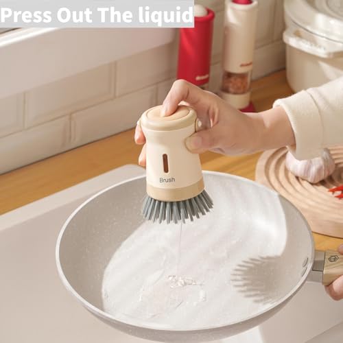 Image of Dishwashing Brush with Soap Dispenser：Dish Brush,for Kitchen Cutlery,Pots and Pans Sink Cleaning,Dishwashing Brush Set with Base (Beige)