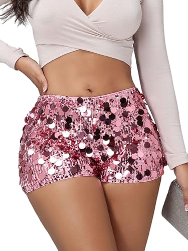 Pink M Sequin High Waist Shorts Glam Sparkly Rave Hot...