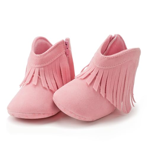 Image of Meckior Baby Girls Cowboy Tassel Boots Side Zipper Moccasins Soft Bottom Non-Slip Toddler Shoe
