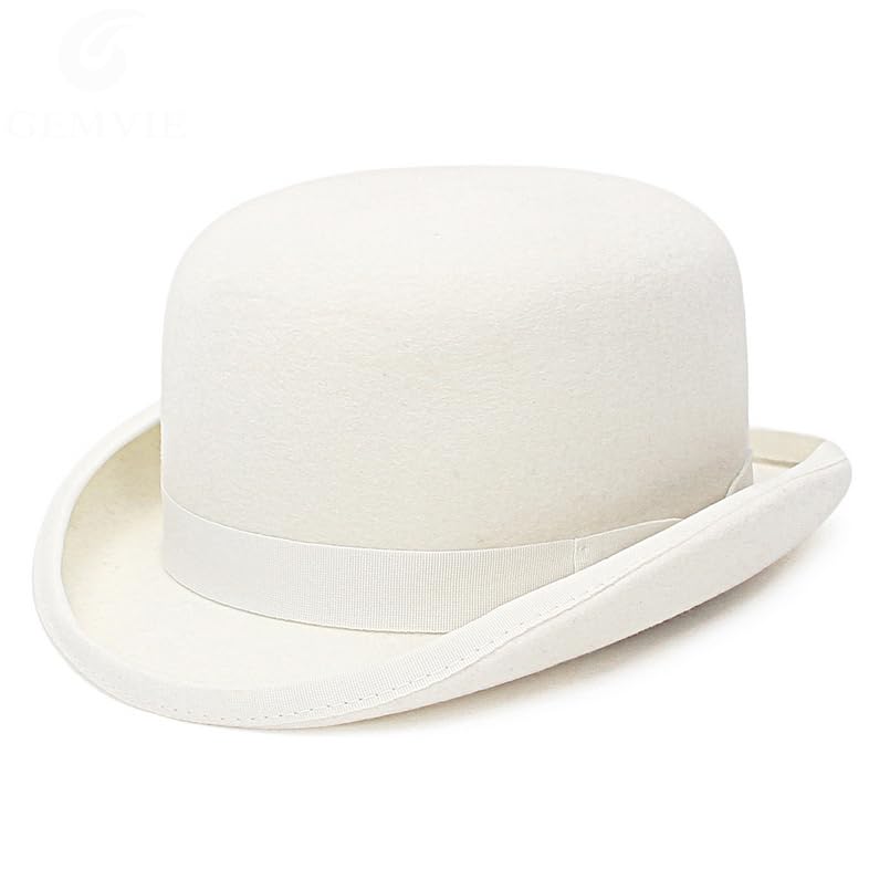 Aoleaky Wool Felt White Bowler Hat for Men Satin Lined Party Formal Fedora Costume Magician Cap White 55CM S