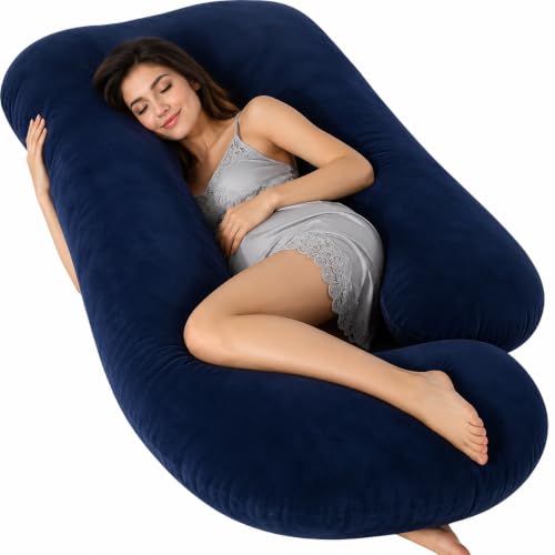 Image of Full Body Pillows for Sleeping Cooling Pregnancy Pillow,U Shaped Pregnancy Body Pillow for Women,Maternity Pillows for Pregnant Women with Removable Washable Velvet Cover Navy Blue
