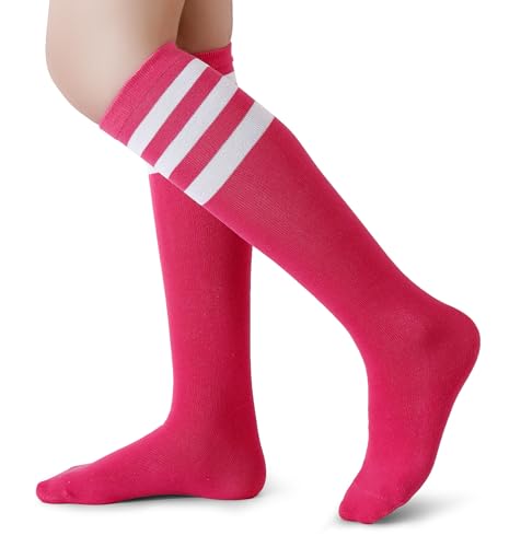 Image of Henwarry Boys Girls Knee High Tube Socks Classical Stripes Cotton Soft Over the Calf Kids Tube Socks (US, Age, 8 Years, 12 Years, A12-White/Hot Pink)