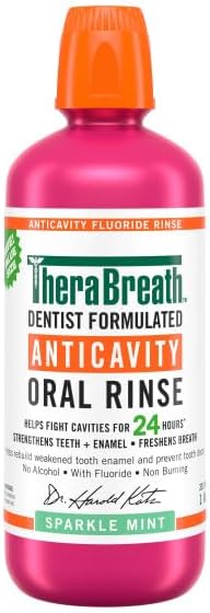 Miniatura 2 de TheraBreath Enjuague bucal anticaries con flúor, menta brillante, formulado por dentistas, 1 litro (33.8 fl oz) + tamaño de viaje, 3 onzas líquidas