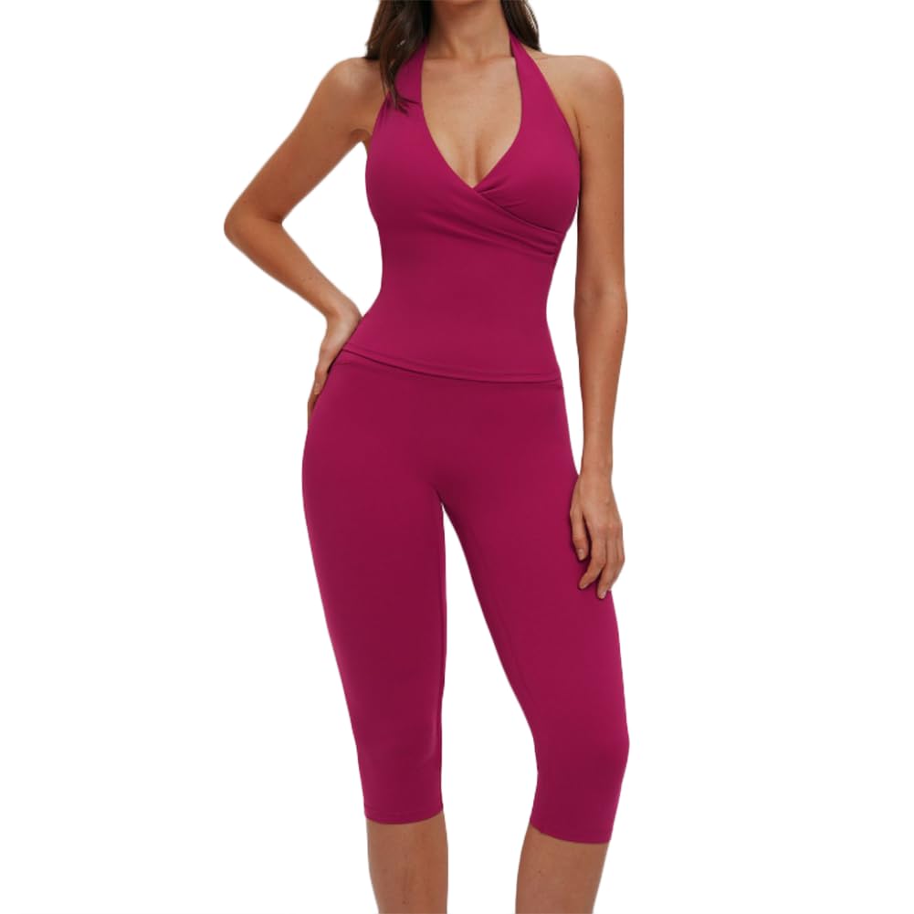 JPXJGT Female Gym Fitness Suit Sexy V Shaped Neckline Tank Top +High Waist Women Yoga Sets(Size:L,Color:Pink)