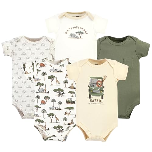 Image of Hudson Baby Unisex Baby Cotton Bodysuits, Going On Safari 5-Pack, 3-6 Months