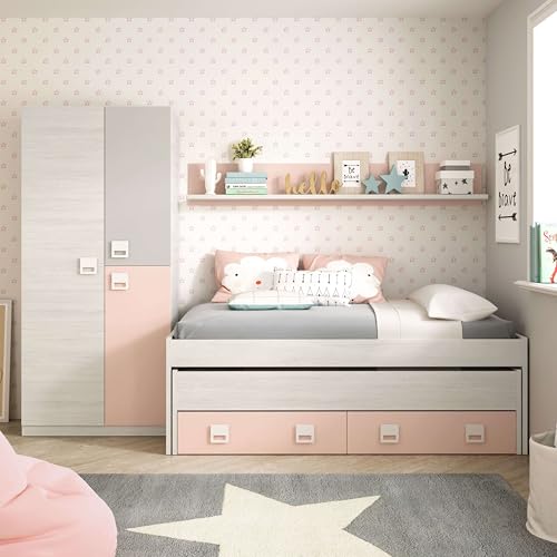 Pack Dormitorio Infantil, Juvenil, Cama Nido + Armario Ropero y Estante Rosa y Blanco