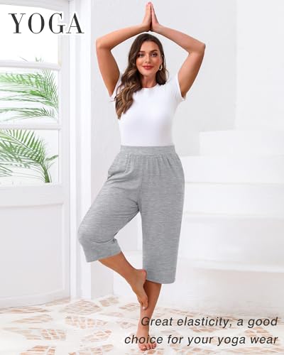 Huukeay 3 Pack Women's Plus Size Capri Pants, Cotton Wide Leg Capris Sweatpants Summer Loose Cropped Yoga Pants with Pockets3