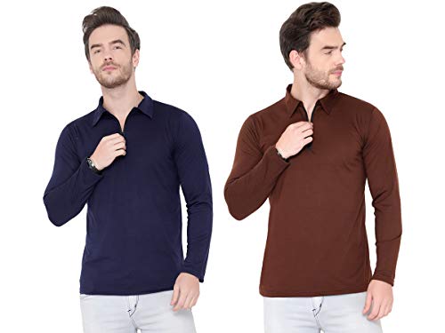 Image of Men's Cotton Blend Full Sleeve Zip Neck Polo T-Shirt (Pack of 1)