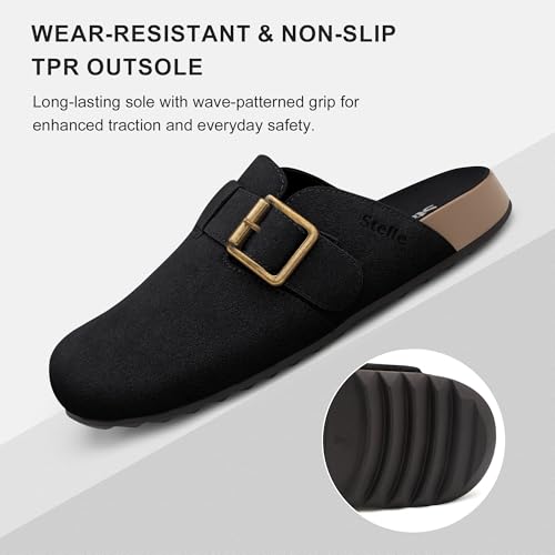 Stelle Suede Clogs for Women Men Potato Shoes with Arch Support Leather Cork Footbed Mules Slip on Home Slippers(Black,9) — view 5