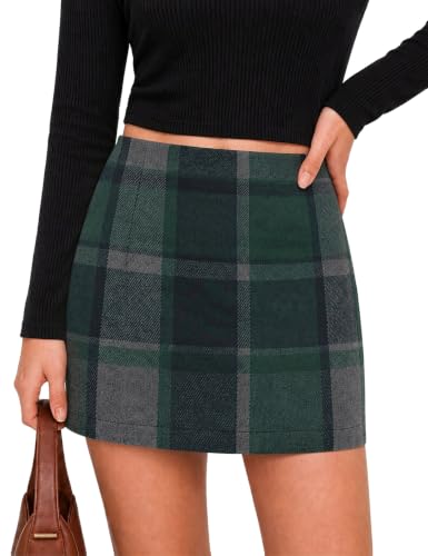 Image of Rapbin Womens Dark Green Plaid Mini Skirt Wool Blend Look Skirt for Fall S