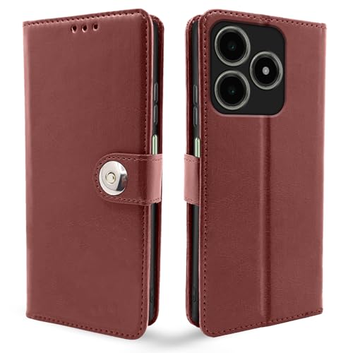 Image of Pikkme Flip Cover Leather Finish | Inside TPU with Card Pockets | Wallet Stand and Shock Proof | Complete Protection Button Flip Case for Realme C63 4G (Brown)