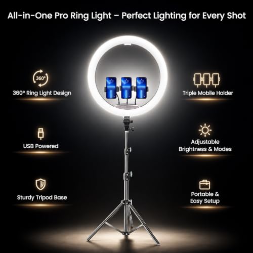 Image of Futopia Professional 45cm (18 Inch) Studio LED Ring Light with Tripod & Remote | 2700-6500K Adjustable Color Lighting | AC Power | 3 Mobile Holders Perfect for Photo & Video Shoot, Instagram Reels