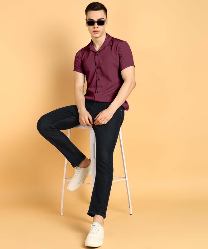 Image of COMBRAIDED Men's Solid Cotton Blend Half Sleeve Shirt - Regular Fit Casual Button-Down Shirt for Office & Travel - Summer & Spring