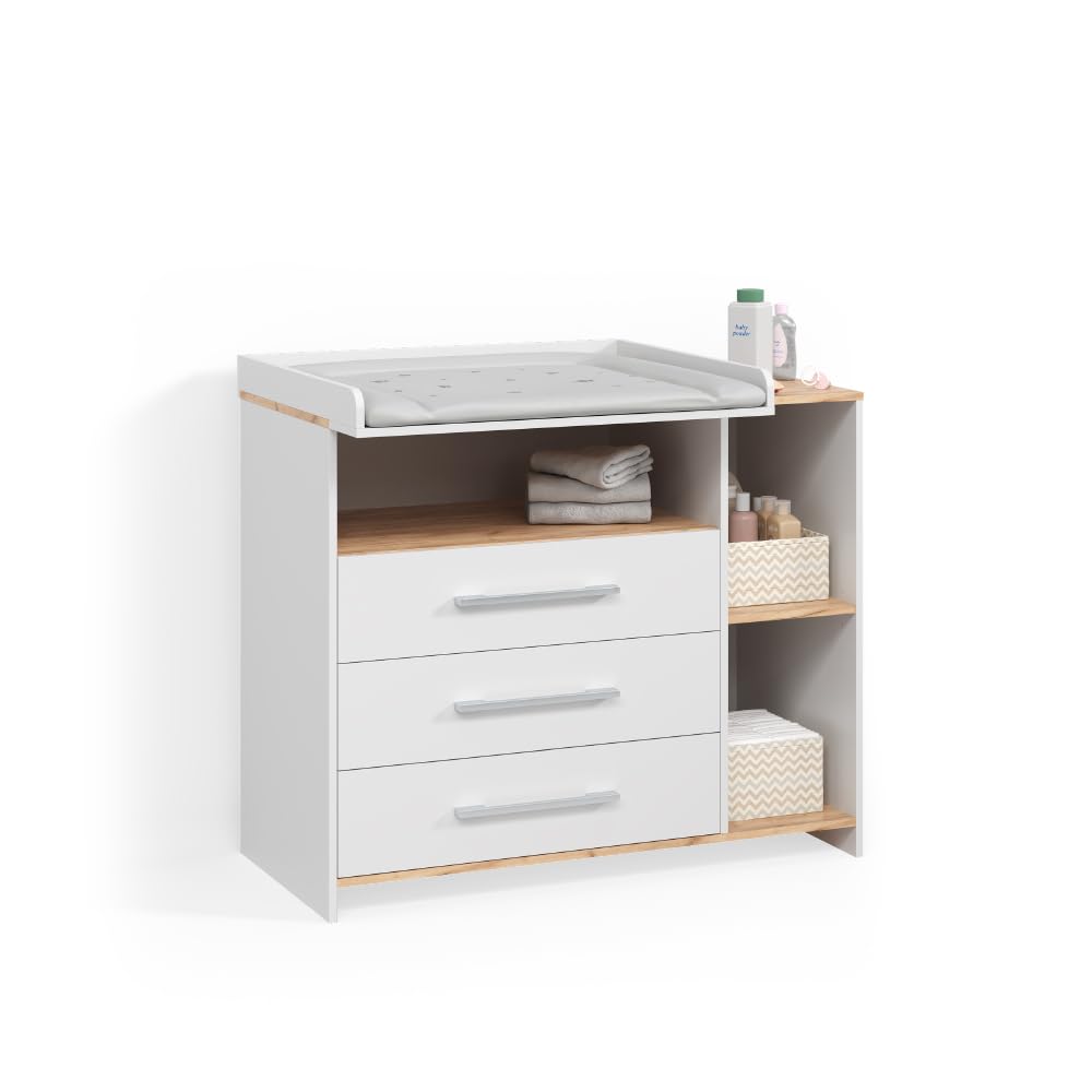 Livinity Cambiador Torino, Roble Blanco/Dorado, con 3 cajones