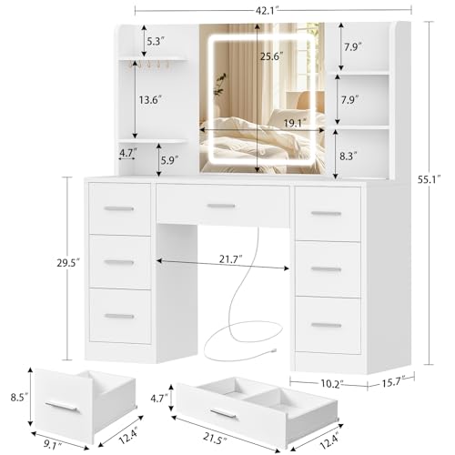 Image of FIONESO Large Vanity Desk with LED Lighted Mirror & Power Outlet, Makeup Vanity Table with 7 Drawers,4 Shelves and 5 Hooks, White Vanity for Bedroom, Bathroom