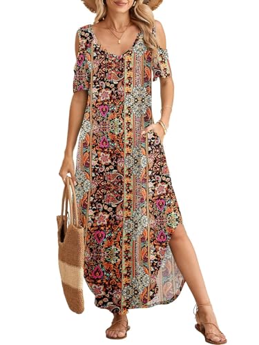 Image of BELAROI Womens Cold Shoulder Maxi Dress Plus Size V Neck Summer Sundresses with Pockets Beach Coverup Vacation Outfits