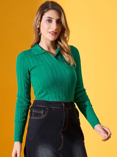 Image of 98 Degree North Women Ribbed Collar Neck Pullover-G1154-EMERALDGREEN