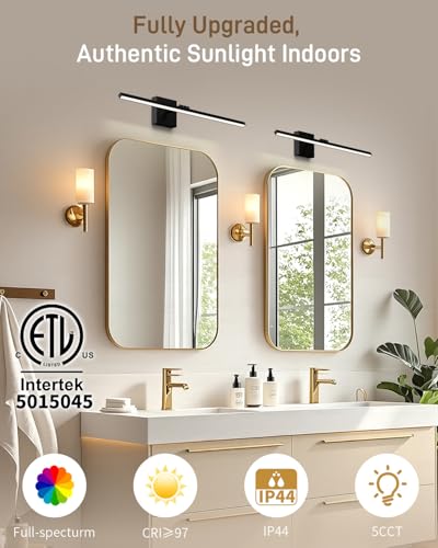 Image of Black Long Vanity Lights, Morden Bathroom Light Fixtures with 5CCT&Dimmable Bath Wall Lamp, 220 Rotatable Hallway Bedroom, 32IN Vanity LED Bar Over Mirror for Makeup Shaving Skincare-ETL Certified