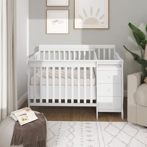 Dream On Me Jayden 4‑in‑1 Mini Convertible Baby Crib & Changer with Storage in White, Pinewood, GreenGuard Gold & JPMA, 1” Mattress Pad, 3 Mattress Heights, Converts to Mini Day & Twin-Size Bed