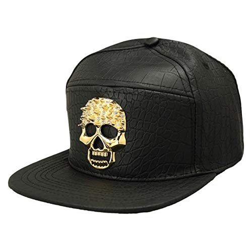 OtherCrocodile Grain Diamond Skull Baseball Cap Cool Rivets Tide Leather Hip-hop Hat - Black