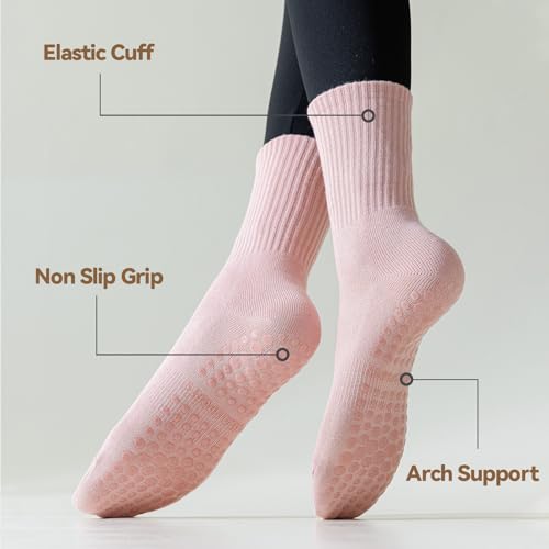 4 Pairs Pilates Socks with Grips for Women, Non Slip Yoga Athletic Ballet Barre Dance Workout Crew Socks3