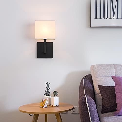 Plug In Wall Sconce Set Of 2, Indoor Bedside Wall Lamp Light With Plug-In Cord And On Off Toggle Switch, Vintage Industrial Nightstand Lamps With White Fabric Square Lamp Shade For Living Room, Black #TOP2
