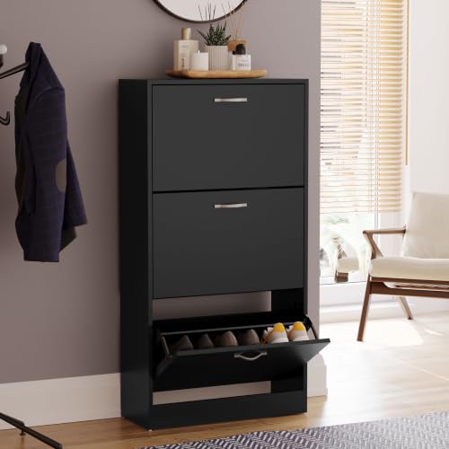 Vida Designs Shoe Cabinet Wooden Shoe Storage Unit with 3 Pull-Down Drawers Multifunctional Dust-Proof Space-Saving Slim Cupboard for Hallway or Entryway (Black)