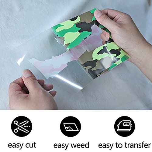 Image of FUNKAKA HTV Heat Transfer Vinyl Rolls, Camo Army Green, 12 inch x 9ft | Iron on Vinyl for T-Shirt, Stretchy PU HTV Vinyl for All Cutter Machines Easy to Cut & Weed for DIY Art Crafts Fabric