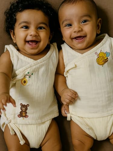 Image of Organic Cotton Muslin Jabla for Babies | Unisex Crinkled Angarka Jhabla | Soft Breathable Baby Product | Ivory Sleeveless Vest | All Season Wear | Pack of 2 | 6-12 Months