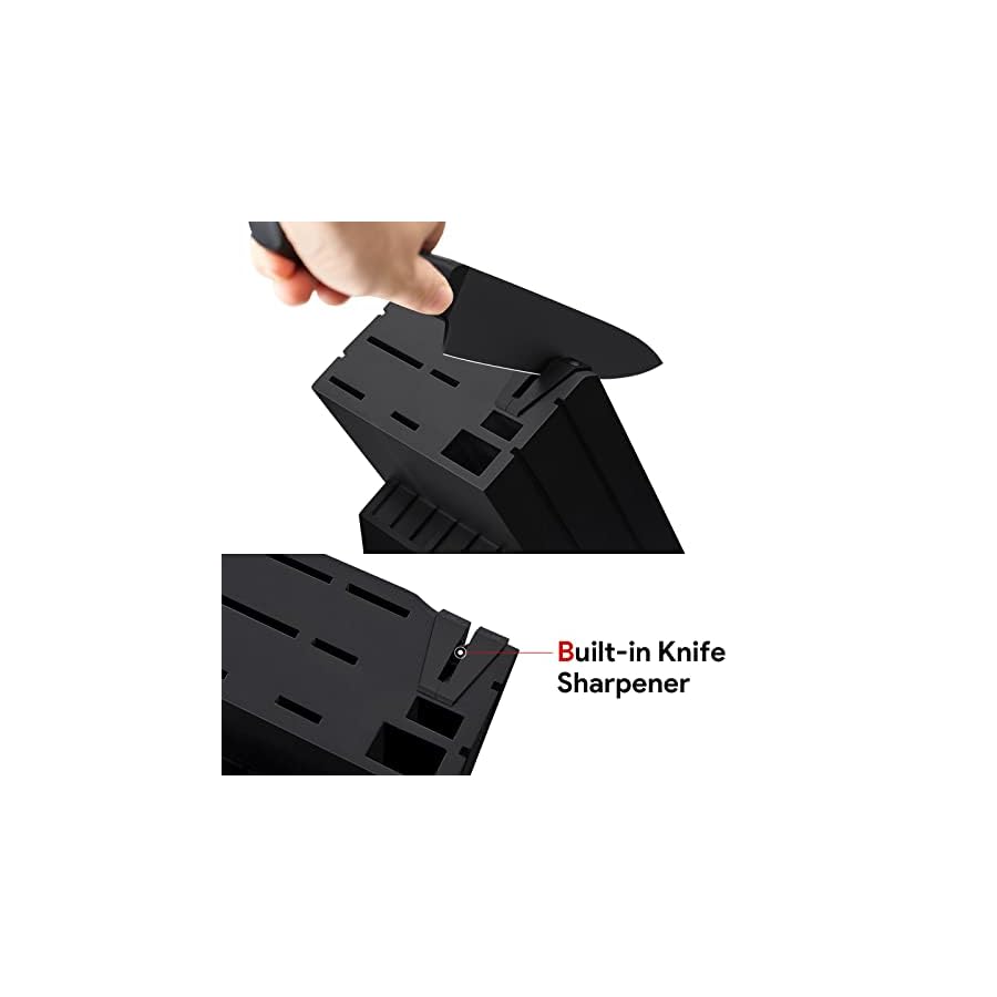 OOU Kitchen Knife Block Set - 15 Pieces High Carbon Stainless Steel Knife Block Set with Built-in Sharpening Blocks, Black