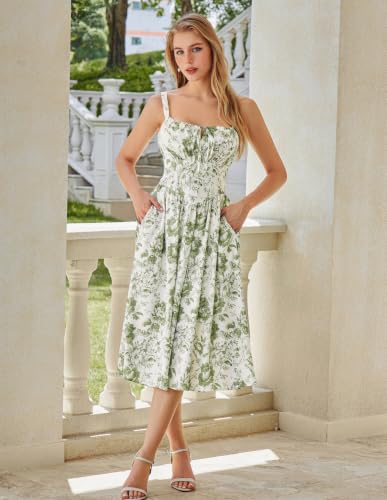 Image of Scarlet Darkness Women's Floral Corset Dress with Pockets for Summer Spring | Floral corset midi dress with adjustable straps, square neck, smocked back bodice, left zip, side pockets, flowy A-line hem
