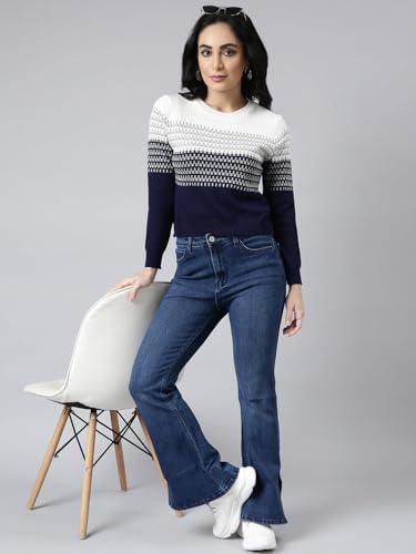 Image of SHOWOFFFF Women Geometric Fitted Casual Top | Round Neck Full Sleeves Knitted Top's for Womens | Regular Fit Midi Tops for Women's