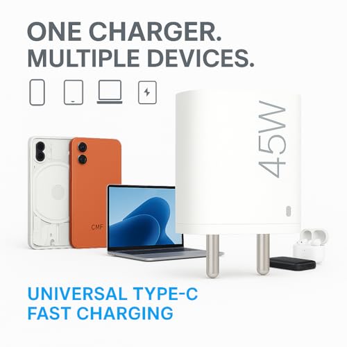 Image of 45W USB C Fast Charger Adapter For CMF By Nothing Phone 3A Pro /3A /2A /2A Plus /2,CMF Phone 2 Pro /Phone 1,CMF 33W Power Charge For Mobile,45 W Type C Charging Adaptor,Upto 50W Rapid Support,White