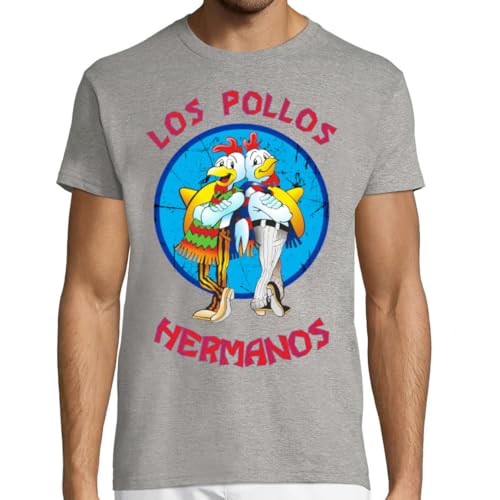 KMF T SHIRT | Camiseta Hombre, algodón 150g | Manga Corta, Cuello Redondo, Estilo Moderno, Suave y Resistente, para Uso Diario | Diseño Los Pollos Hermanos (S, Gris)