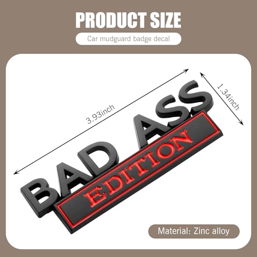 Image of Pack-1 Car 3.93 inch x 1.34 inch Fender Badge Sticker, Bad Ass Edition Alloy Anti-Rust Personalized Decoration, 3D Stereoscopic Tailgate Front Grille Hood Decal, Universal for Cars (Black & Red)