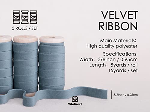Vitalizart Dusty Blue Velvet Ribbon Set 3/8" x 5Yd x 3 Rolls, Wooden Spool - Image 2
